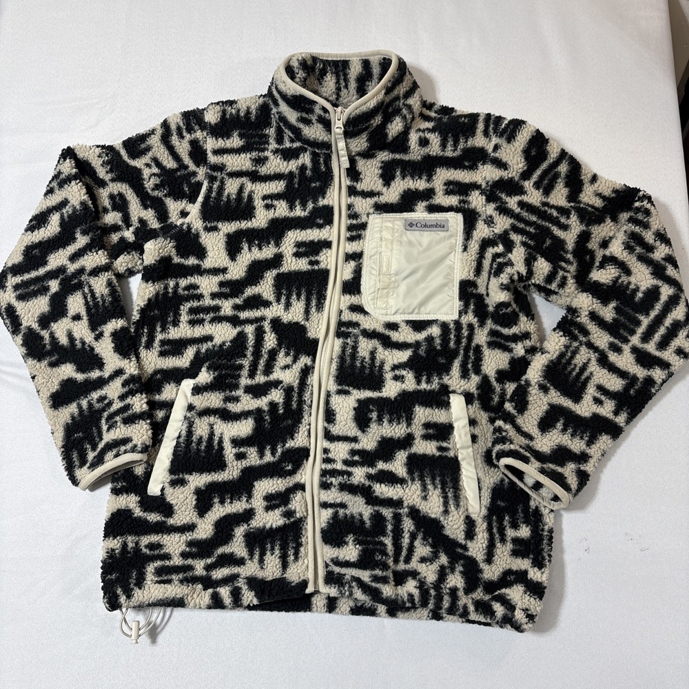 Columbia Womens Full Zip Sherpa Fleece Jacket Black White Aztec Abstract Small